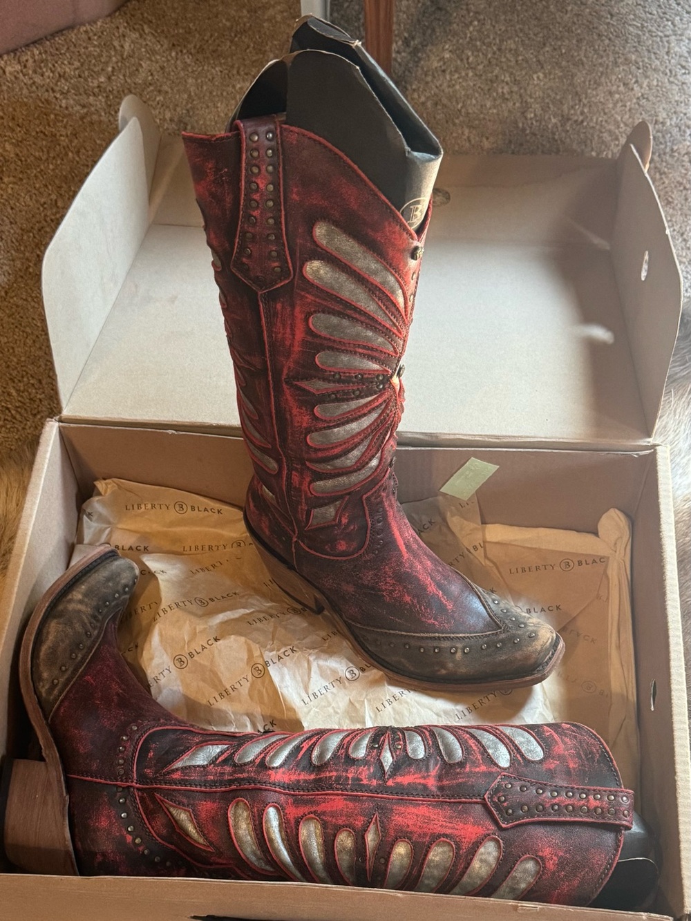 LIBERTY Black Red Distressed Western Cowboy Boots with Stud Accents
